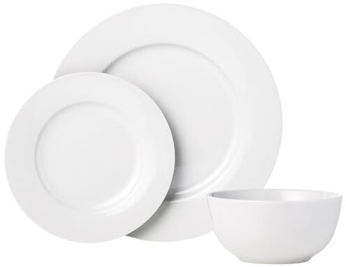 Amazon Basics Kitchen Dinnerware Set, Microwave and Dishwasher Safe, Plates, Bowls, Service for 6, 18-Piece, White