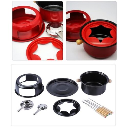 Cheese Heating Stove with Fork Compact Portable and Ultra-Flexible Non-Stick Pan Safety Durable Metal Hot Pot for Chocolate Ice-Cream Melting Fondue(Red,16cm)