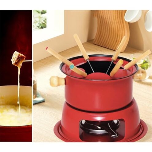 Cheese Heating Stove with Fork Compact Portable and Ultra-Flexible Non-Stick Pan Safety Durable Metal Hot Pot for Chocolate Ice-Cream Melting Fondue(Red,16cm)