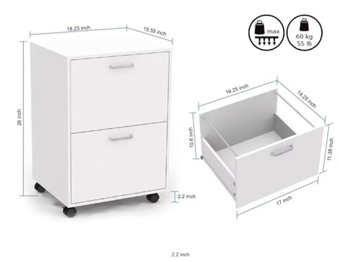 QDSSDECO 2 Drawer Mobile File Cabinet, Rolling Vertical Filing Cabinet fits A4, Legal Paper and Letter Paper for Home Office, White