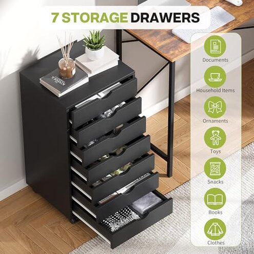 Simple Deluxe 7-Drawer Chest, Office File Cabinet with Wheels, Black