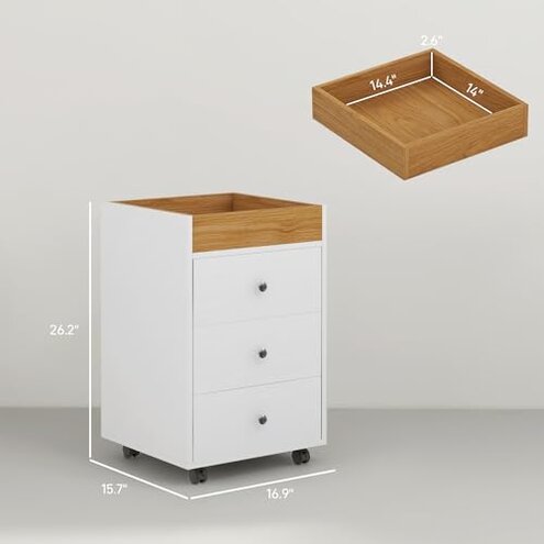 Ktfhvgy 3-Drawer Chest,Wood Storage Filing Cabinets with Wheels,Wooden File Cabinet,Office Cabinet with Drawers,Storage Cabinet for Home Office,Study (White-3 Drawer Chest with Removable Tray)