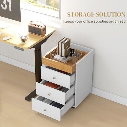 Ktfhvgy 3-Drawer Chest,Wood Storage Filing Cabinets with Wheels,Wooden File Cabinet,Office Cabinet with Drawers,Storage Cabinet for Home Office,Study (White-3 Drawer Chest with Removable Tray)