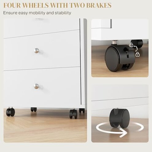 Ktfhvgy 3-Drawer Chest,Wood Storage Filing Cabinets with Wheels,Wooden File Cabinet,Office Cabinet with Drawers,Storage Cabinet for Home Office,Study (White-3 Drawer Chest with Removable Tray)