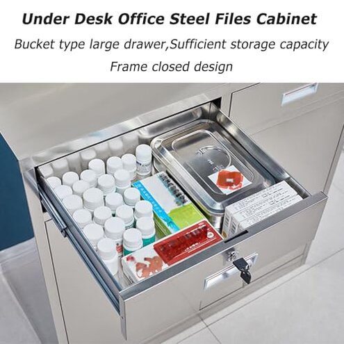Stainless Steel File Cabinet with Lock, Under Desk Mobile File Cabinet for Home Office, Garage Tool Chest Cabinet Metal Medicine Cabinet, for Warehouse/Repair Shop/Home