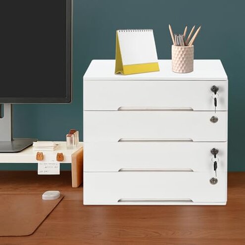 4 Drawers Wood Storage Box, Flat File Cabinet, Storage Cabinet Organizer with Lockable Drawers, Office Supplies File Organizer, Art Storage Cabinets, Multipurpose Tool Box for Home Office (White)