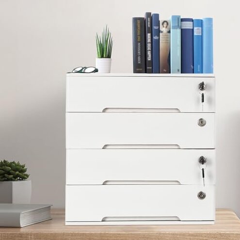 4 Drawers Wood Storage Box, Flat File Cabinet, Storage Cabinet Organizer with Lockable Drawers, Office Supplies File Organizer, Art Storage Cabinets, Multipurpose Tool Box for Home Office (White)