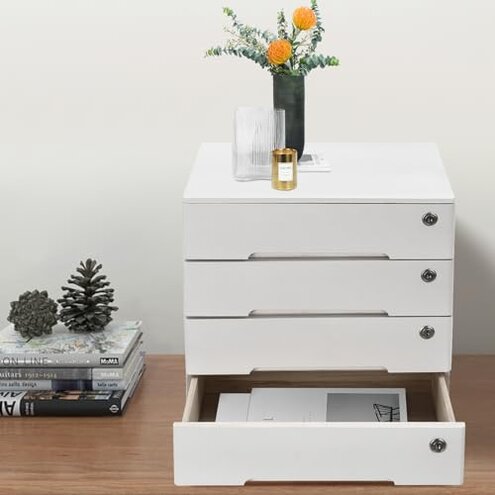 4 Drawers Wood Storage Box, Flat File Cabinet, Storage Cabinet Organizer with Lockable Drawers, Office Supplies File Organizer, Art Storage Cabinets, Multipurpose Tool Box for Home Office (White)