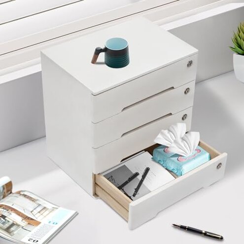 4 Drawers Wood Storage Box, Flat File Cabinet, Storage Cabinet Organizer with Lockable Drawers, Office Supplies File Organizer, Art Storage Cabinets, Multipurpose Tool Box for Home Office (White)