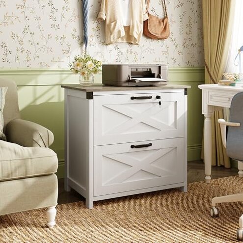 DEVAISE 2 Drawer Farmhouse File Cabinet with Lock, Lateral Filing Cabinet for Letter/Legal/A4 Size, Wood Printer Stand for Home Office, White