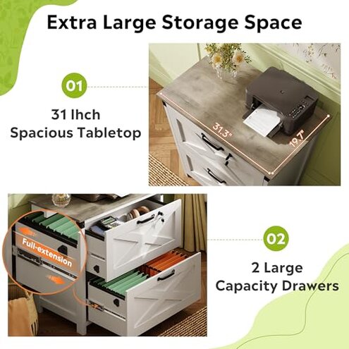 DEVAISE 2 Drawer Farmhouse File Cabinet with Lock, Lateral Filing Cabinet for Letter/Legal/A4 Size, Wood Printer Stand for Home Office, White