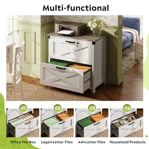 DEVAISE 2 Drawer Farmhouse File Cabinet with Lock, Lateral Filing Cabinet for Letter/Legal/A4 Size, Wood Printer Stand for Home Office, White