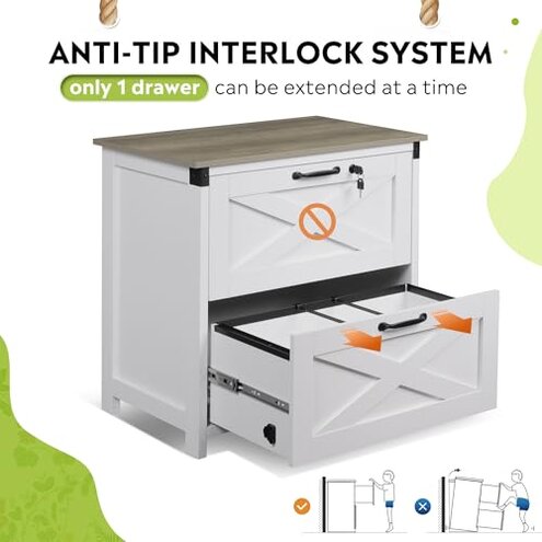 DEVAISE 2 Drawer Farmhouse File Cabinet with Lock, Lateral Filing Cabinet for Letter/Legal/A4 Size, Wood Printer Stand for Home Office, White