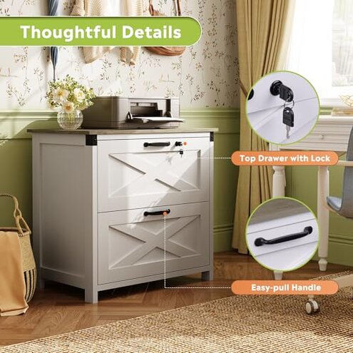 DEVAISE 2 Drawer Farmhouse File Cabinet with Lock, Lateral Filing Cabinet for Letter/Legal/A4 Size, Wood Printer Stand for Home Office, White