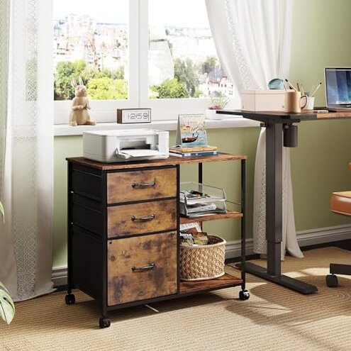 DEVAISE 3 Drawer Mobile File Cabinet, Rolling Printer Stand with Open Storage Shelf, Fabric Lateral Filing Cabinet fits A4 or Letter Size for Home Office, Rustic Brown Wood Grain Print