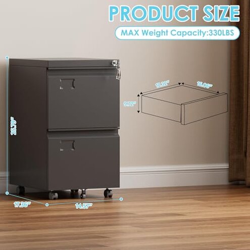 Aobabo 2 Drawer File Cabinet with Wheels, Lockable Metal Filing Cabinet with Business Card Slot for Legal/Letter Size Home Office, Required Assembled,Black
