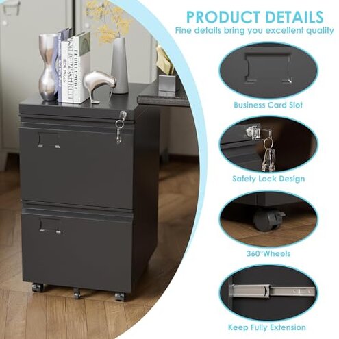 Aobabo 2 Drawer File Cabinet with Wheels, Lockable Metal Filing Cabinet with Business Card Slot for Legal/Letter Size Home Office, Required Assembled,Black