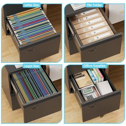 Aobabo 2 Drawer File Cabinet with Wheels, Lockable Metal Filing Cabinet with Business Card Slot for Legal/Letter Size Home Office, Required Assembled,Black