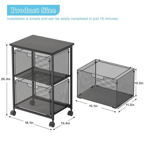Sbanmao Letter/Legal Rolling File Cart with 2 Storage Drawers, Under Desk Storage, Vertical Filing Cabinet for Home Office, Hanging File Folders Organizer, Mobile Utility Cart Printer Stand, Black