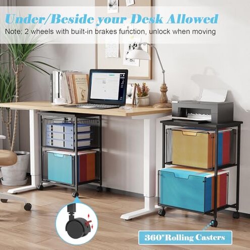 Sbanmao Letter/Legal Rolling File Cart with 2 Storage Drawers, Under Desk Storage, Vertical Filing Cabinet for Home Office, Hanging File Folders Organizer, Mobile Utility Cart Printer Stand, Black