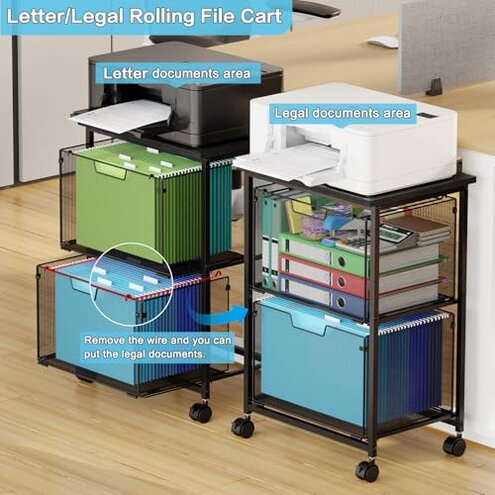 Sbanmao Letter/Legal Rolling File Cart with 2 Storage Drawers, Under Desk Storage, Vertical Filing Cabinet for Home Office, Hanging File Folders Organizer, Mobile Utility Cart Printer Stand, Black
