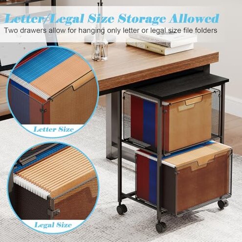 Sbanmao Letter/Legal Rolling File Cart with 2 Storage Drawers, Under Desk Storage, Vertical Filing Cabinet for Home Office, Hanging File Folders Organizer, Mobile Utility Cart Printer Stand, Black