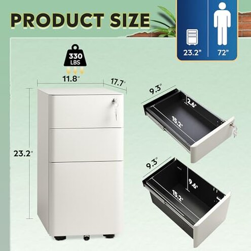 DEVAISE 3-Drawer Slim Vertical File Cabinet, Fully Assembled Except Casters, Legal/Letter Size, White