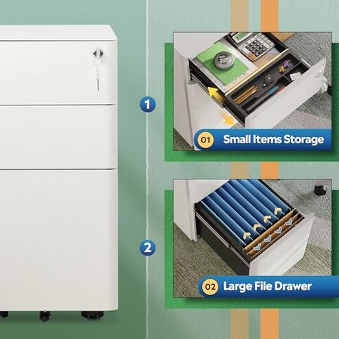 DEVAISE 3-Drawer Slim Vertical File Cabinet, Fully Assembled Except Casters, Legal/Letter Size, White