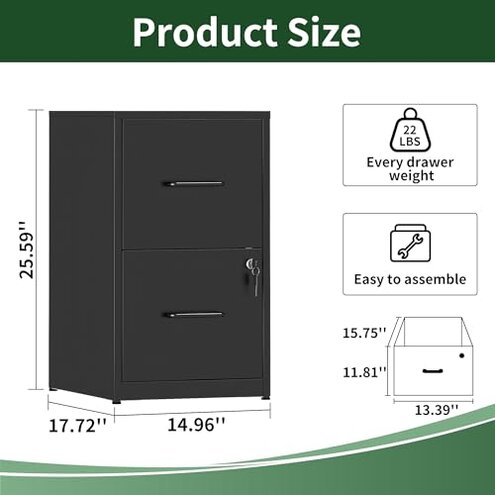 VIYET File Cabinet, Vertical File Cabinets with Lock for Home Office,Heavy Duty Office Steel Filing Cabinet for Hanging Letters/Legal/A4, Assembly Required (Black, 2 Drawers-Small)