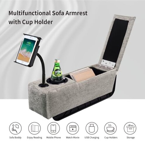 ARMRESTO Multifunctional Sofa Armrest, Couch Armrest with Wireless Charge Stand, Removable Couch Caddy with Storage,Including LED Reading Light,Pewter