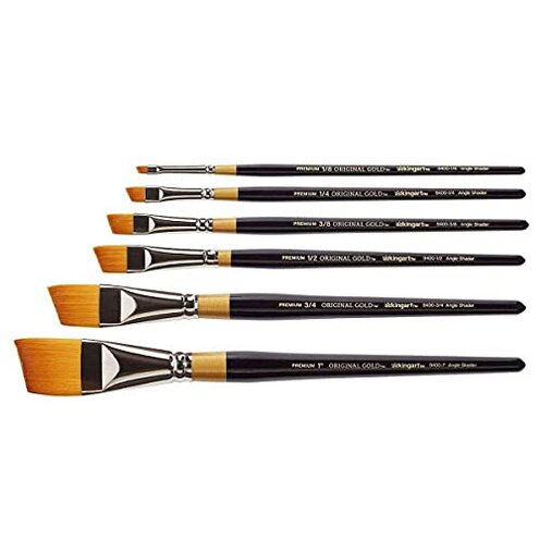 KINGART Premium 6 pc. Original Gold 9400 Series Angular Shader Artist Brush Set, Synthetic Golden Taklon Hair, Short Handle, 6 Sizes: 1/8", 1/4", 3/8", 1/2", 3/4", 1"