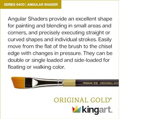 KINGART Premium 6 pc. Original Gold 9400 Series Angular Shader Artist Brush Set, Synthetic Golden Taklon Hair, Short Handle, 6 Sizes: 1/8", 1/4", 3/8", 1/2", 3/4", 1"