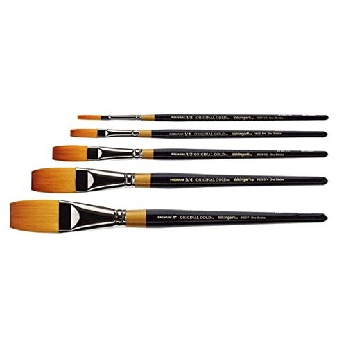 KINGART Premium 5 pc. Original Gold 9100 Series ONE Stroke Artist Brush Set, Synthetic Golden Taklon Hair for Acrylic, Oil, and Gouache Paint, Short Handle, 5 Sizes: 1/8", 1/4", 1/2", 3/4", 1"