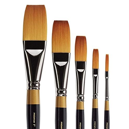 KINGART Premium 5 pc. Original Gold 9100 Series ONE Stroke Artist Brush Set, Synthetic Golden Taklon Hair for Acrylic, Oil, and Gouache Paint, Short Handle, 5 Sizes: 1/8", 1/4", 1/2", 3/4", 1"