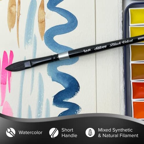 Silver Brush Limited 3009S-1/2 Black Velvet Oval Wash Paintbrush for Watercolor, Gouache, Inks, & Dyes, Size 1/2 Inch, Short Handle