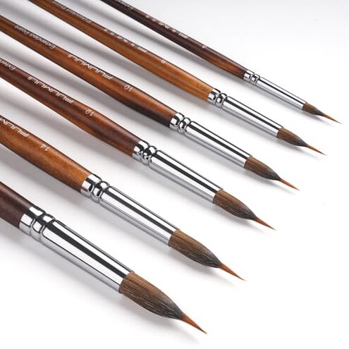 Watercolor Brushes Professional, Fuumuui 6Pcs Extended Needle Point Brushes Synthetic Extra Long Pinhead Brush with Sable Body for Fine Detailing - Watercolor Acrylic Gouache Inks Painting