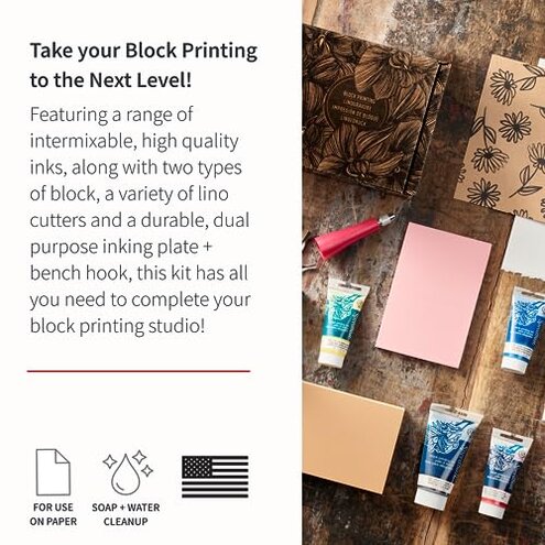 Speedball Deluxe Block Printing Kit - Includes Inks, Brayer, Bench Hook, Lino Handle and Cutters, Speedy-Carve Block, Mounted Linoleum Block (3472)