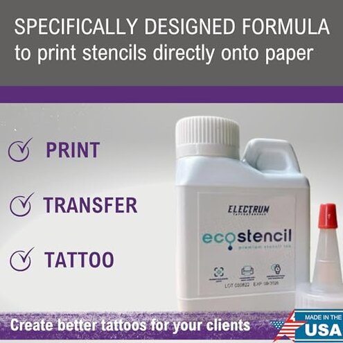 Electrum Eco Stencils Ink for Epson Eco Tank Printers, Methyl Violet-Based Stencil Ink Creates Flawless Stencils That Last up to 1 Hour, Premium Tattoo Stencil Ink Proudly Made in The USA, 4 Ounces