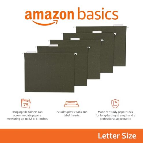 Amazon Basics Hanging File Folders, Letter Size, 1/5-Cut Tabs, 75 Count per Box, Standard Green