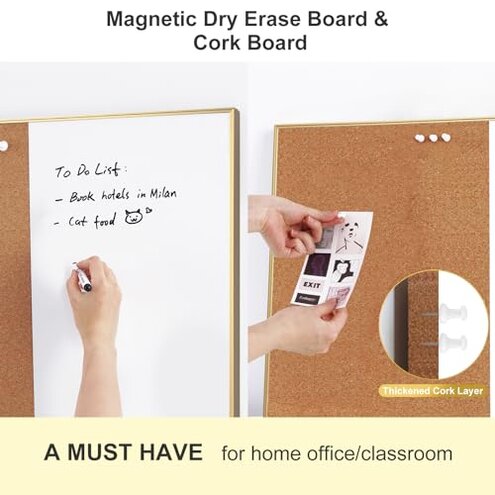 ARCOBIS Cork Board White Board Combo, 24 x 18 Inch Bulletin Board-Gold Frame, Magnetic Dry Erase Board & Corkboard for Wall, Vision Board for Home, Office, School