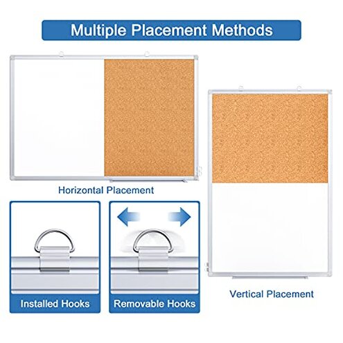 Magnetic White Board and Cork Board Combo, 36 X 24 inches Whiteboard Bulletin Combination Board, Wall Mounted Dry Erase Message Board for Home, School and Office