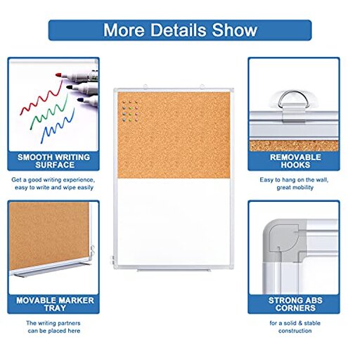 Magnetic White Board and Cork Board Combo, 36 X 24 inches Whiteboard Bulletin Combination Board, Wall Mounted Dry Erase Message Board for Home, School and Office