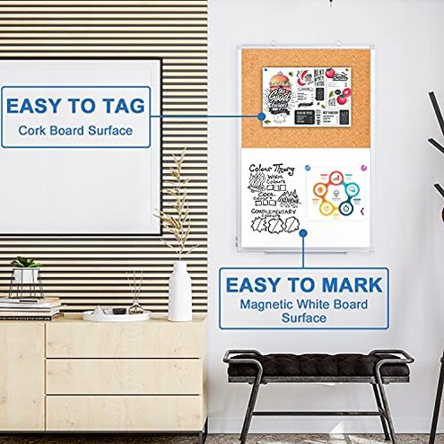 Magnetic White Board and Cork Board Combo, 36 X 24 inches Whiteboard Bulletin Combination Board, Wall Mounted Dry Erase Message Board for Home, School and Office