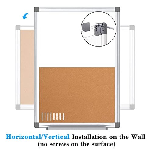 WALGLASS Combination Magnetic Whiteboard & Corkboard, 24"x18" Combo for School, Office & Home, Dry Erase Board with Removable Tray, Pins, Eraser, Markers & Magnets