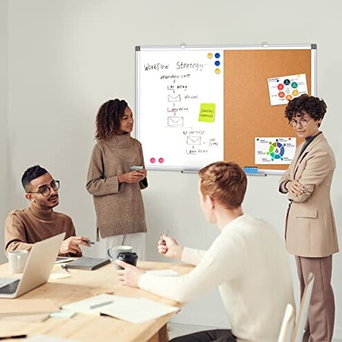 WALGLASS Combination Magnetic Whiteboard & Corkboard, 24"x18" Combo for School, Office & Home, Dry Erase Board with Removable Tray, Pins, Eraser, Markers & Magnets