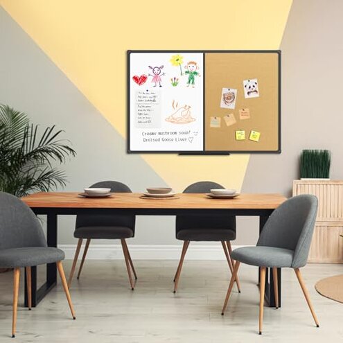 JILoffice White Board & Bulletin Corkboard Combination, Combo Board 36 x 24 Magnetic Whiteboard, Black Aluminum Frame Wall Mounted Board for Office Home and School with 10 Push Pins