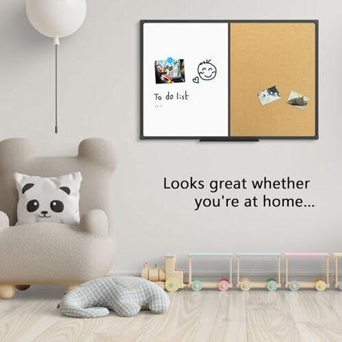 JILoffice White Board & Bulletin Corkboard Combination, Combo Board 36 x 24 Magnetic Whiteboard, Black Aluminum Frame Wall Mounted Board for Office Home and School with 10 Push Pins