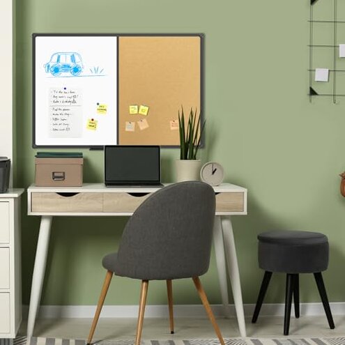 JILoffice White Board & Bulletin Corkboard Combination, Combo Board 36 x 24 Magnetic Whiteboard, Black Aluminum Frame Wall Mounted Board for Office Home and School with 10 Push Pins