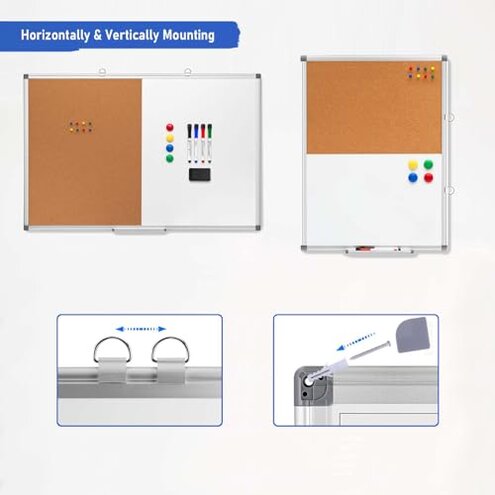 Comix Cork Board Magnetic Dry Erase Board Combo, 36 x 24 Inches Large Whiteboard and Bulletin Board Combination, Aluminum Frame Vision Board with Dry Erase Markers, Magnets, Eraser and Push Pins