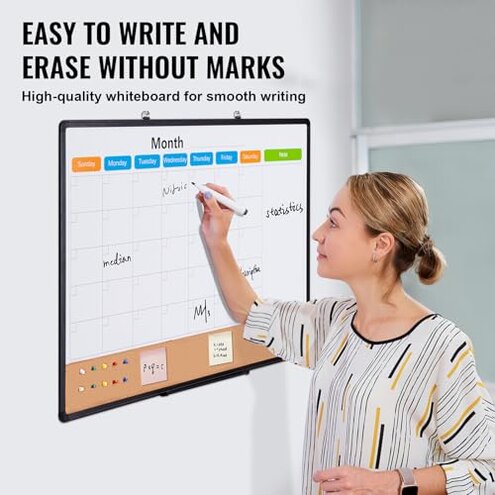 VEVOR 36"x 24" Monthly Calendar Whiteboard & Cork Board Combo with Aluminum Frame – 2-in-1 Magnetic Dry Erase Bulletin Board for Wall Mount – Ideal for School, Home, Office